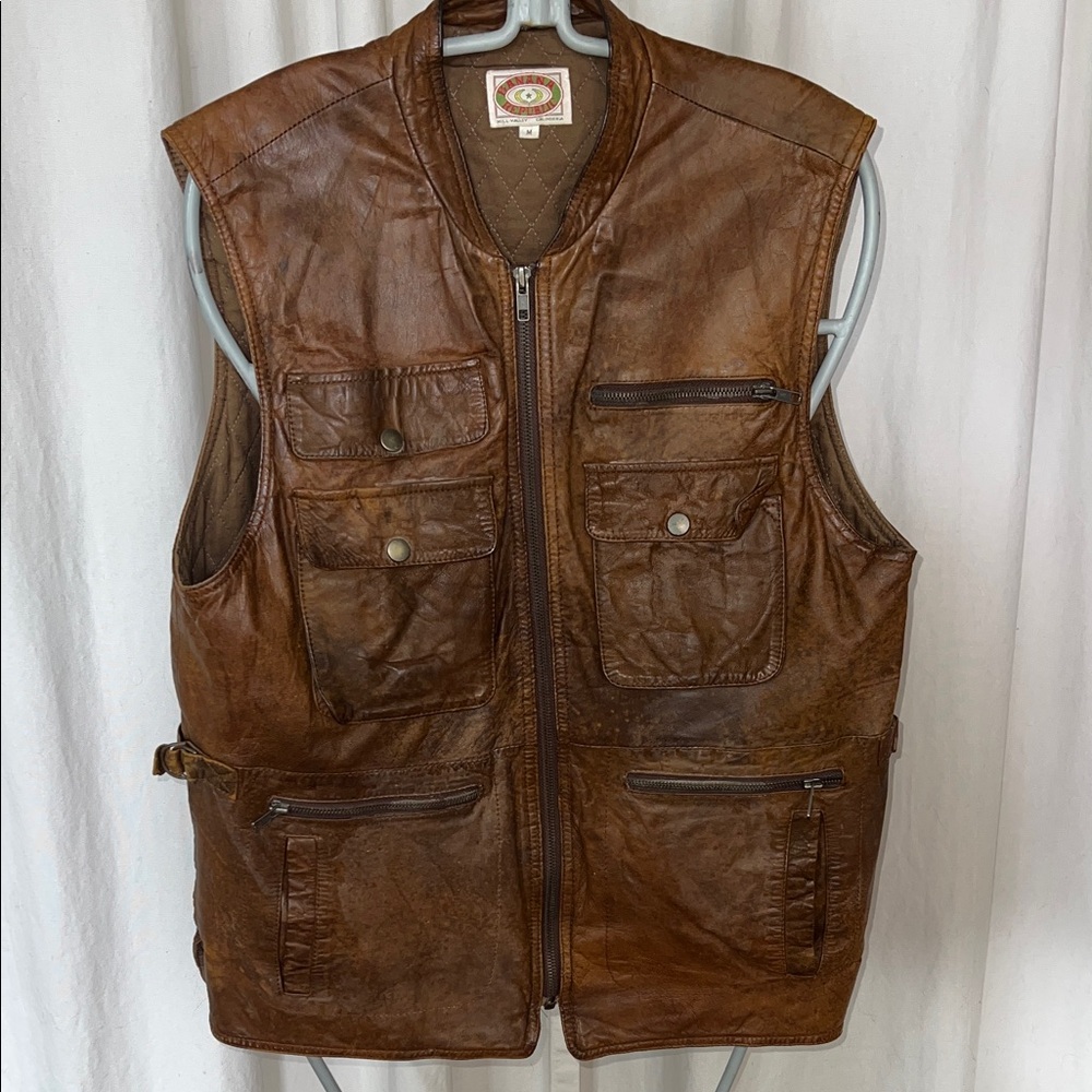 Banana Republic Mens Safari Photographers Vest  Brown Leather  quilted lining M